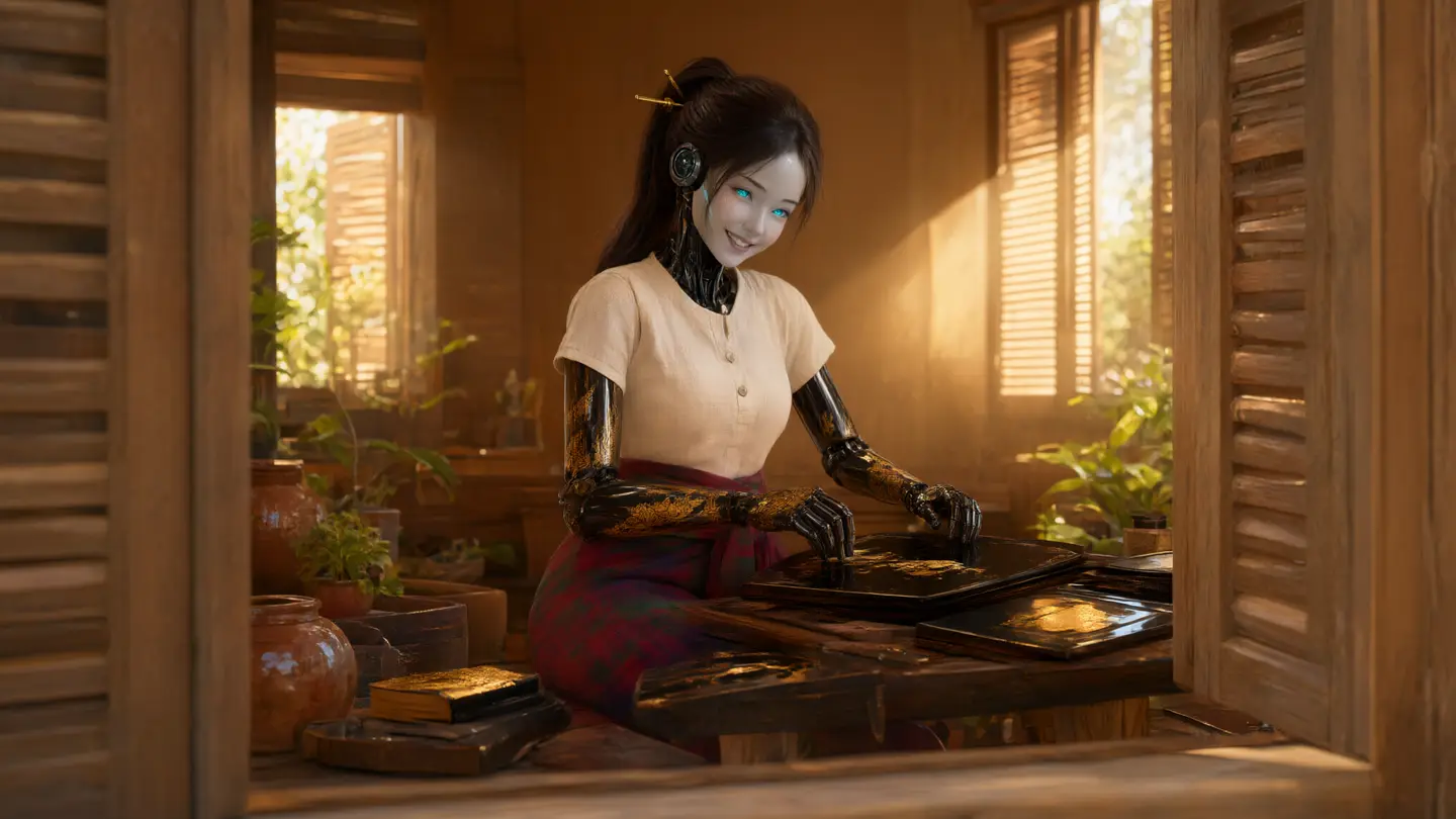 มิวส์ หุ่นยนต์นักวาดของ Maad Dev นั่งทำงานลายรดน้ำในเรือนไม้ช่างไทยยามเช้า