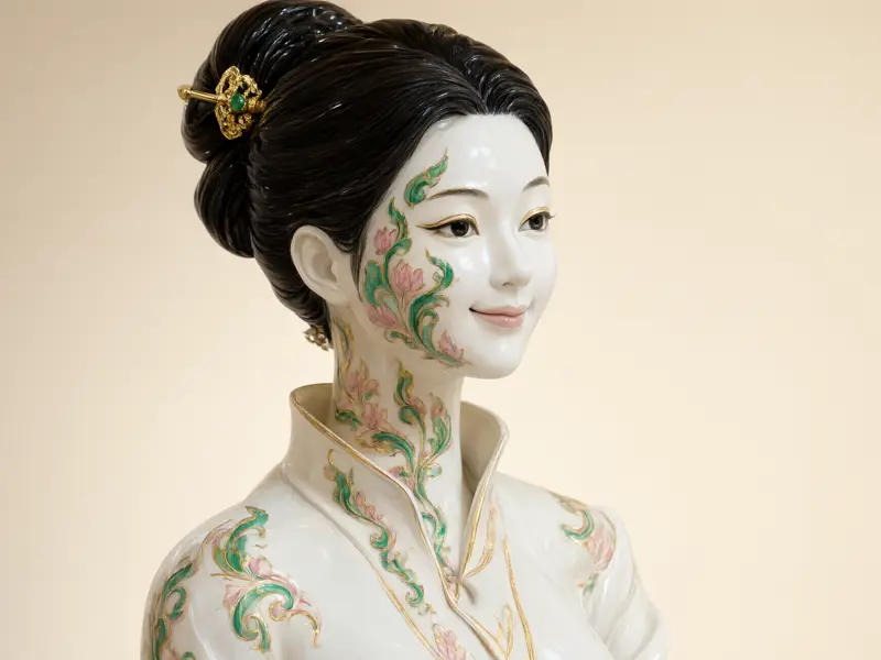 ตัวละครนางเบญจรงค์ ผิวเครื่องเคลือบขาวเขียนลายเบญจรงค์สีเขียว ชมพู และทอง
