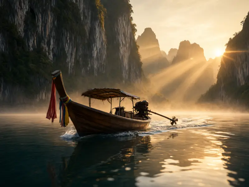 เรือหางยาวล่องแม่น้ำในหมอกยามพระอาทิตย์ขึ้น